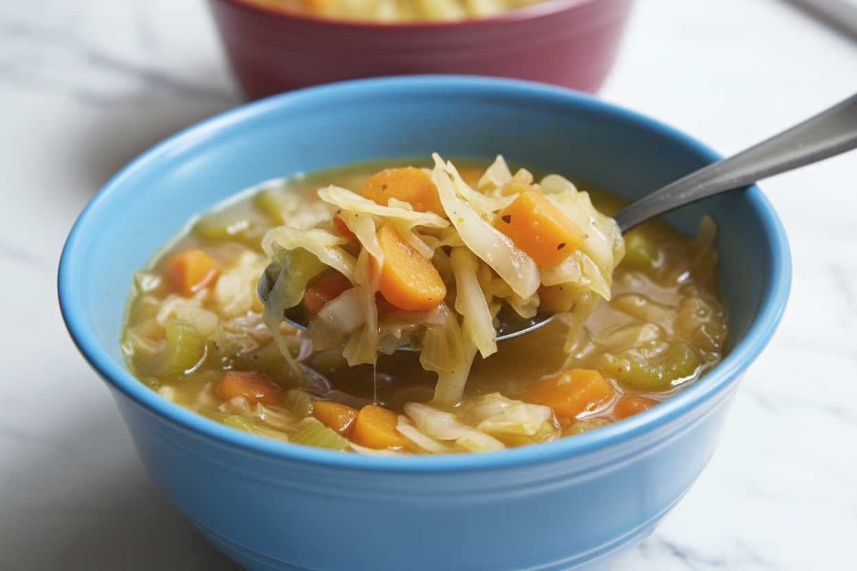 Vue من الأعلى of a steaming cabbage soup diet recipe served in a minimalist vessel under natural window lighting.