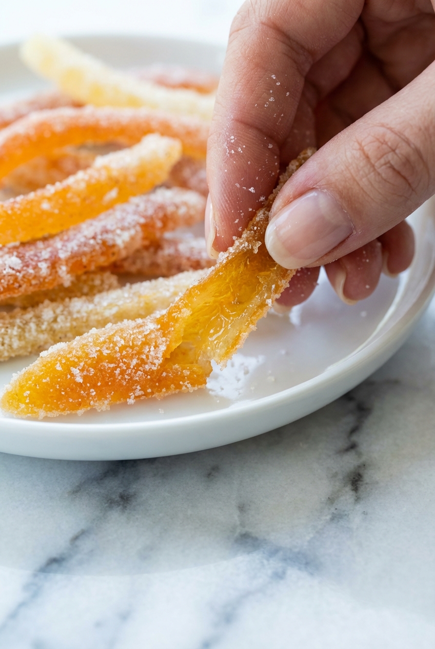 Macro view of candied orange peel showing the translucent pith and delicate sugar crystallization at the soft ball stage.