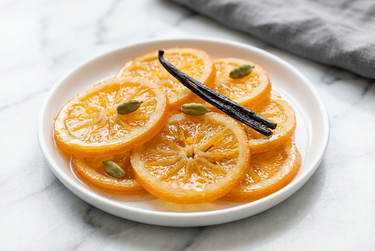 Translucent candied orange slices infused with vanilla bean and cardamom on a minimalist ceramic plate over white marble.