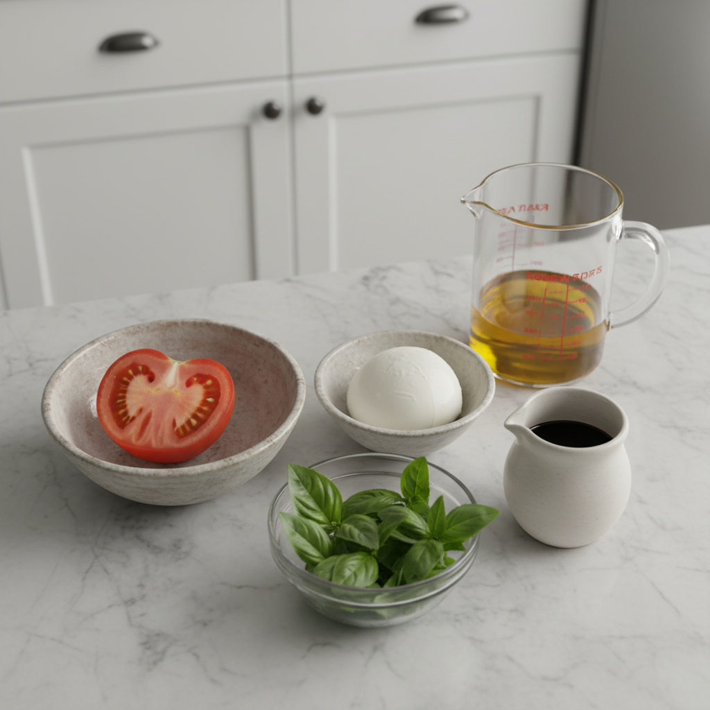Fresh ingredients for Caprese Salad: ripe tomatoes, fresh mozzarella, green basil leaves, and balsamic glaze.