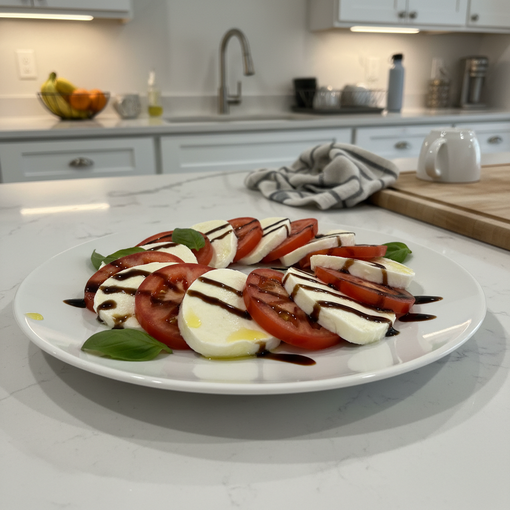 Fresh Caprese Salad with ripe tomatoes, creamy mozzarella, and vibrant basil leaves drizzled with balsamic glaze.