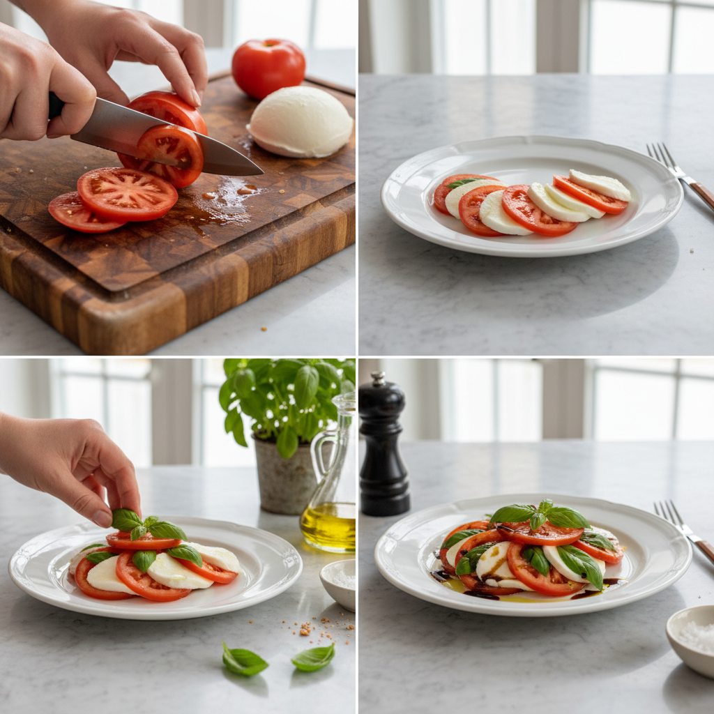 Arranging slices of tomato, mozzarella, and basil for a delicious Caprese Salad on a white platter.