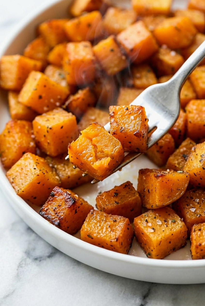 Macro view of caramelized Roasted Butternut Squash edges with smoked paprika on a minimalist ceramic vessel.