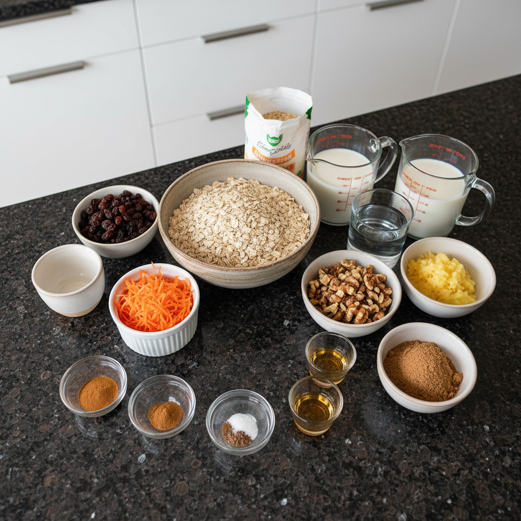 Fresh ingredients laid out for making Carrot Cake Oatmeal, including grated carrots, oats, cinnamon, and walnuts.