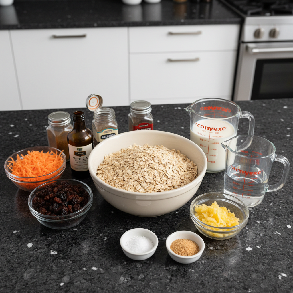Fresh ingredients for carrot cake oatmeal including grated carrots, rolled oats, spices, and a touch of maple syrup.