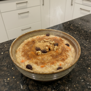 A warm bowl of Carrot Cake Oatmeal topped with walnuts and a drizzle of cream cheese glaze, ready to enjoy.