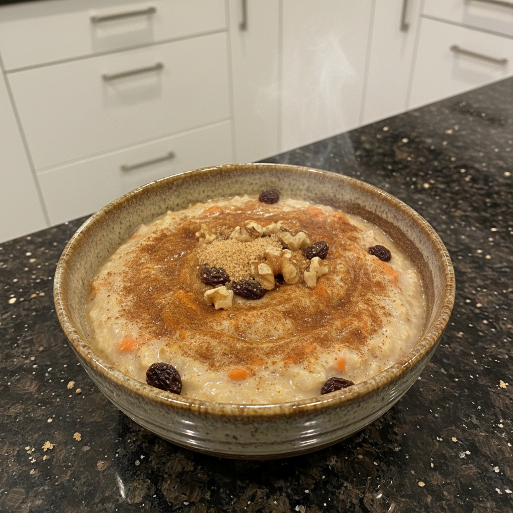 A warm bowl of Carrot Cake Oatmeal topped with walnuts and a drizzle of cream cheese glaze, ready to enjoy.