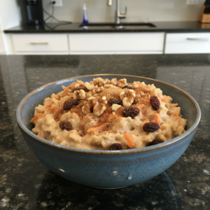 A cozy bowl of warm carrot cake oatmeal, topped with cream cheese drizzle and pecans, ready to enjoy for breakfast.