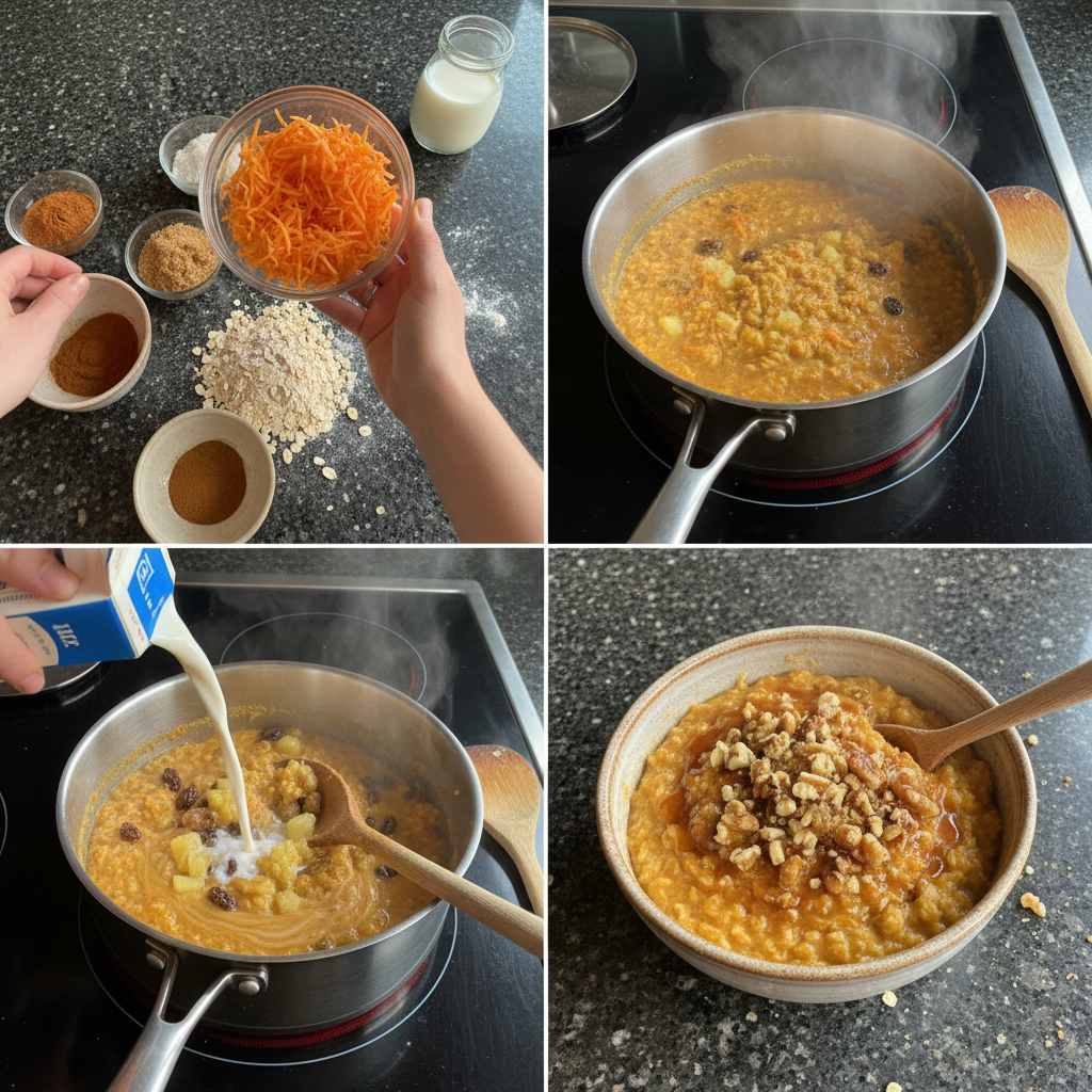 A close-up of oats, grated carrots, and spices simmering in a pot, showing the preparation of Carrot Cake Oatmeal.