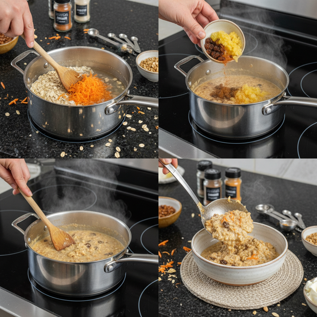 Stirring grated carrots and aromatic spices into oats as part of the preparation for carrot cake oatmeal.