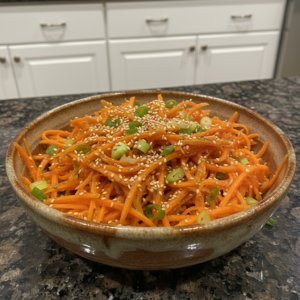 A vibrant, freshly tossed Carrot Salad with shredded carrots, herbs, and a light dressing in a white bowl.