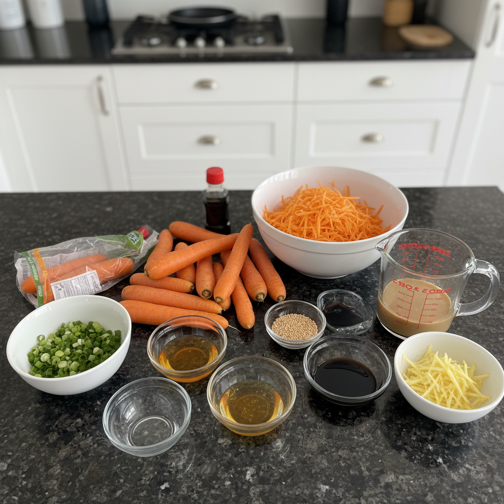Fresh, colorful ingredients for a homemade Carrot Salad, including whole carrots, parsley, lemon, and a jar of dressing.