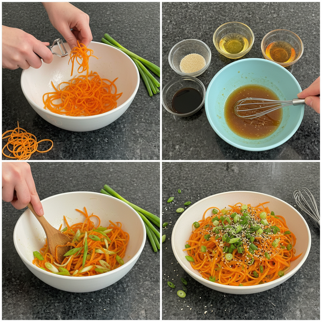 Hands shredding fresh carrots into a bowl for a healthy Carrot Salad, showing the early stages of preparation.