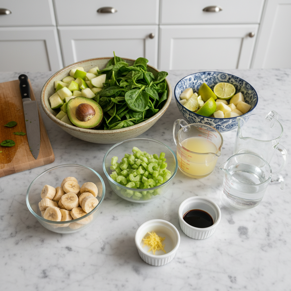 Fresh, crisp celery stalks, a ripe green apple, lemon, and ginger laid out as ingredients for a Celery Smoothie.