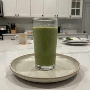A vibrant green Celery Smoothie, blended smooth and poured into a clear glass with a fresh celery stalk garnish.