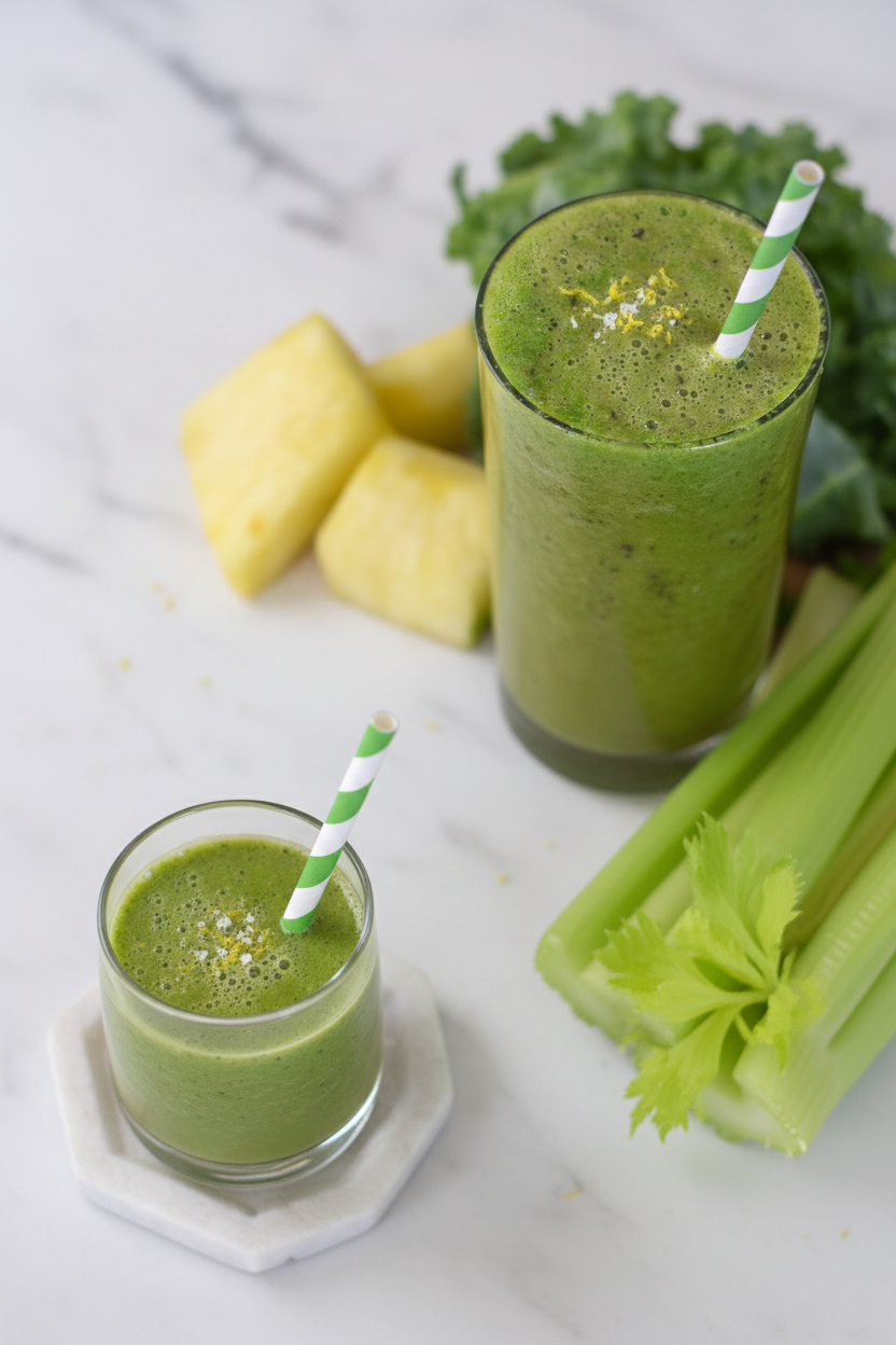 Minimalist ceramic vessel filled with a Celery Smoothie placed in natural window lighting on a marble countertop.