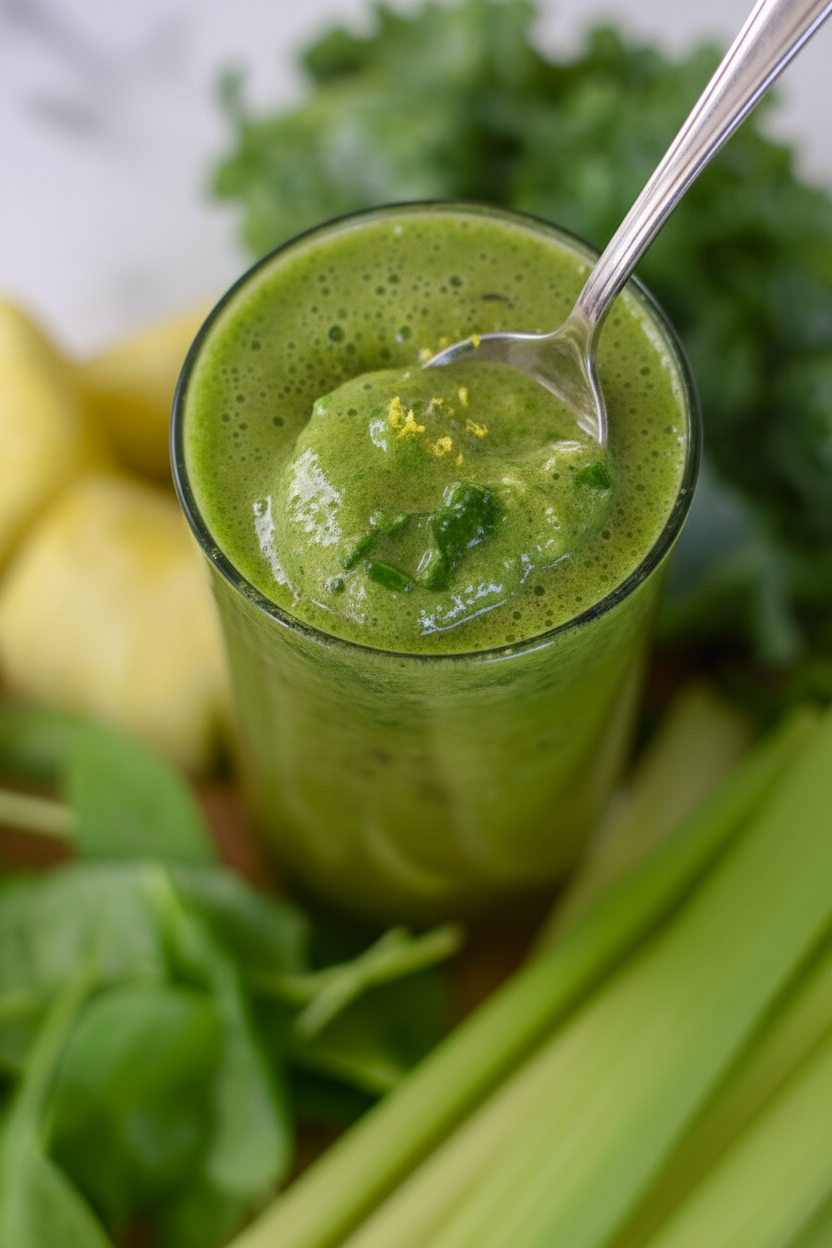 Macro shot of the silky green texture of a Celery Smoothie with soft shadows on a white marble surface.