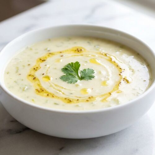 Smooth Celery Soup in a minimalist ceramic vessel on marble, finished with infused seeds and a lemon squeeze.