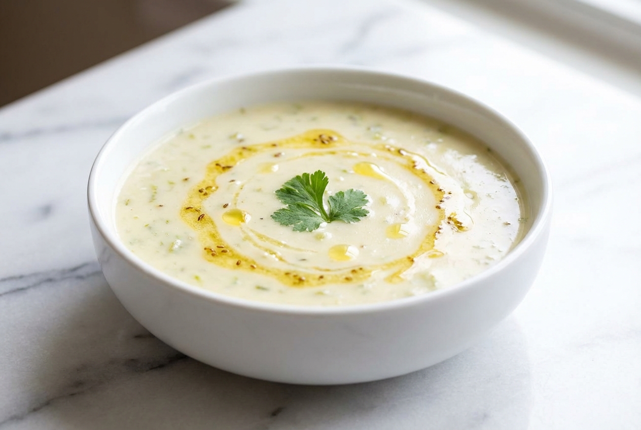 Smooth Celery Soup in a minimalist ceramic vessel on marble, finished with infused seeds and a lemon squeeze.