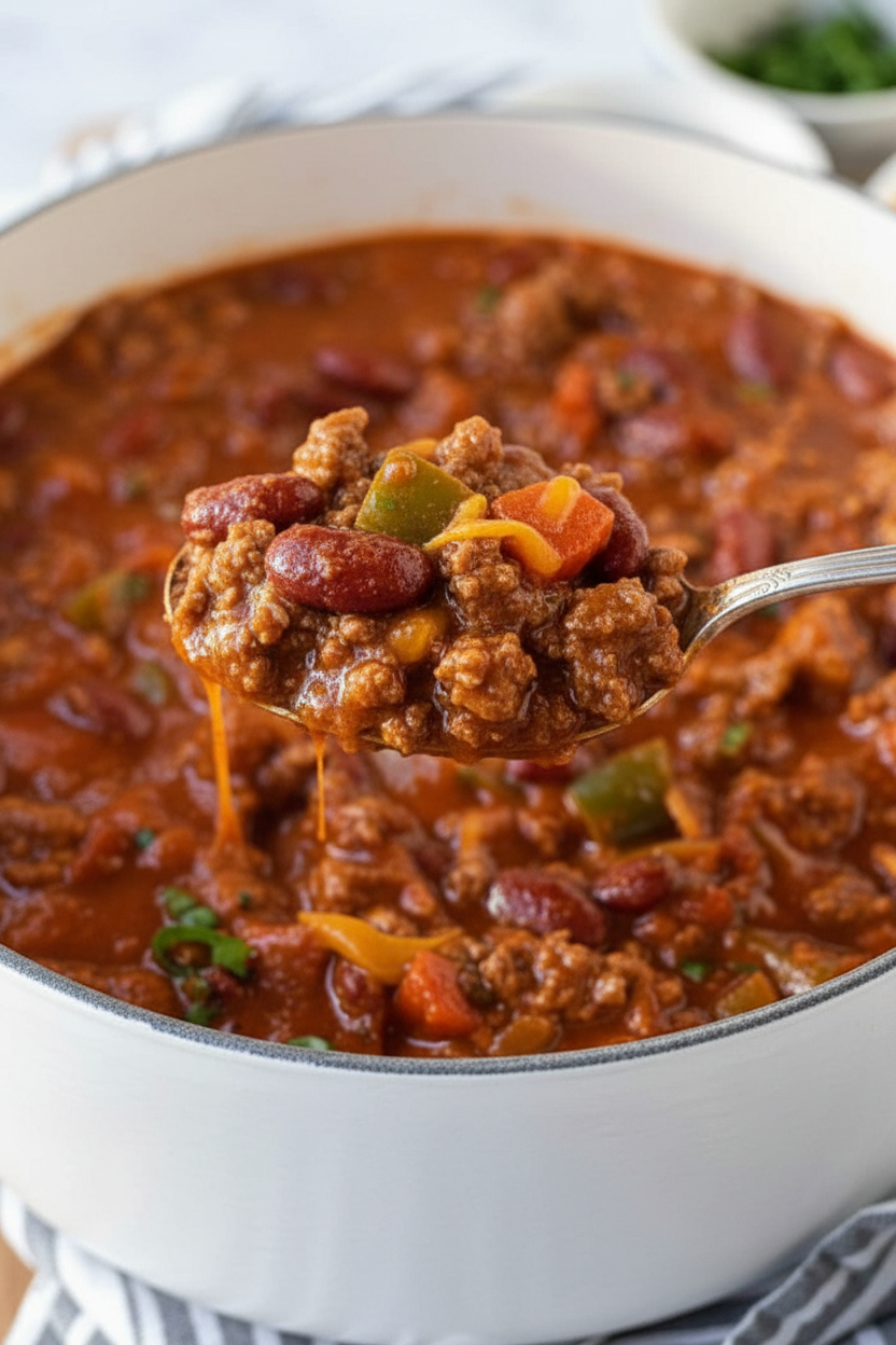 Simmering easy chili recipe stovetop in a Dutch oven with aromatics under natural window lighting.