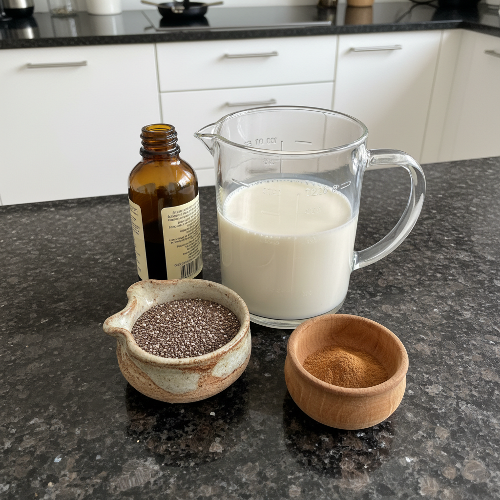 Fresh ingredients for chia seed pudding laid out, including chia seeds, almond milk, maple syrup, and various fruits.
