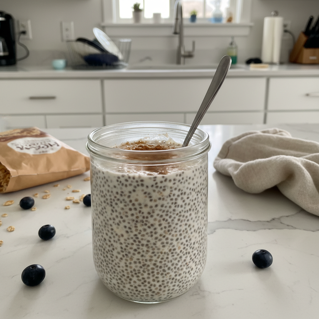 A vibrant glass jar filled with creamy chia seed pudding, topped with fresh berries and a drizzle of honey.