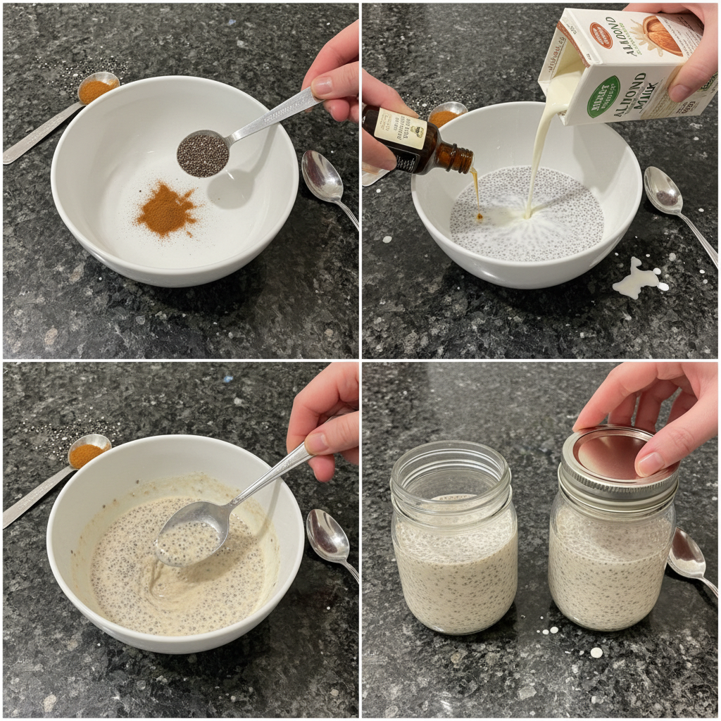 A person stirring chia seeds into almond milk in a bowl, preparing a batch of chia seed pudding.
