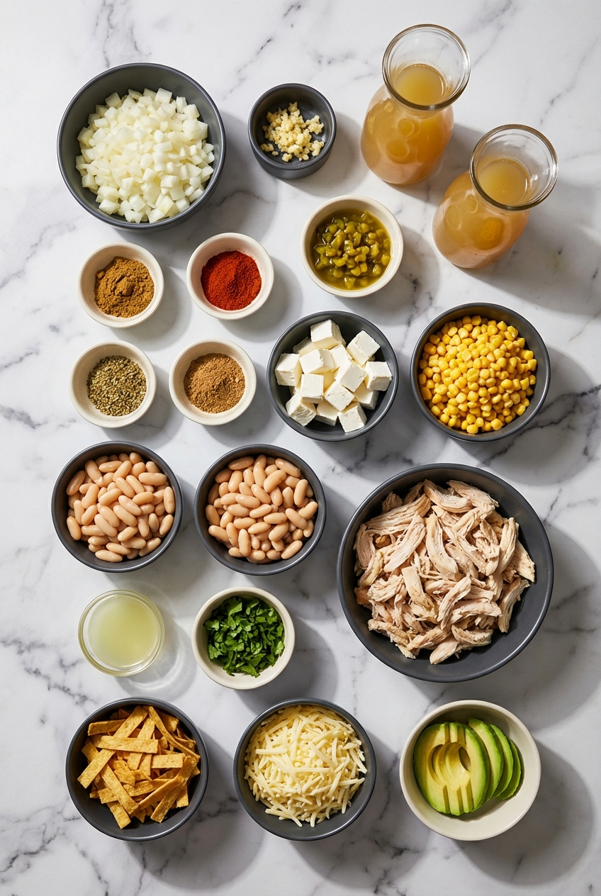 Flat lay of chicken chili recipe ingredients including rotisserie chicken, cannellini beans, and green chilies on marble.