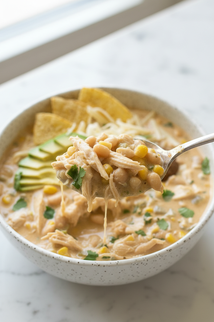 Close-up of chicken chili recipe showing the creamy emulsification and Neufchatel cheese texture under natural window lighting.