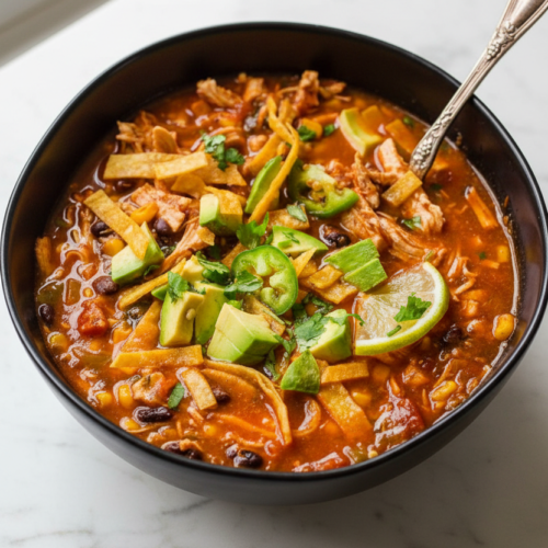 Chicken tortilla soup in a minimalist ceramic vessel with fire-roasted char, sliced avocado, and cilantro on white marble.