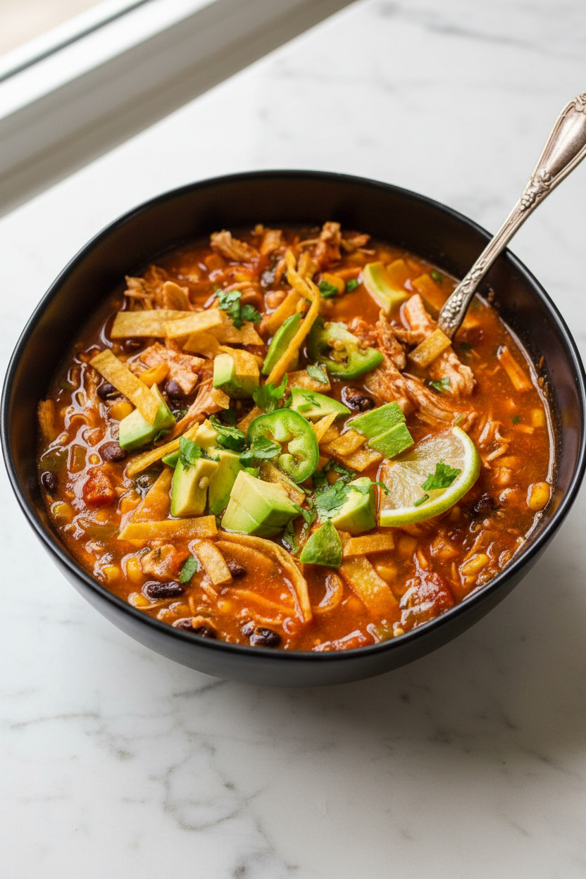 Chicken tortilla soup in a minimalist ceramic vessel with fire-roasted char, sliced avocado, and cilantro on white marble.