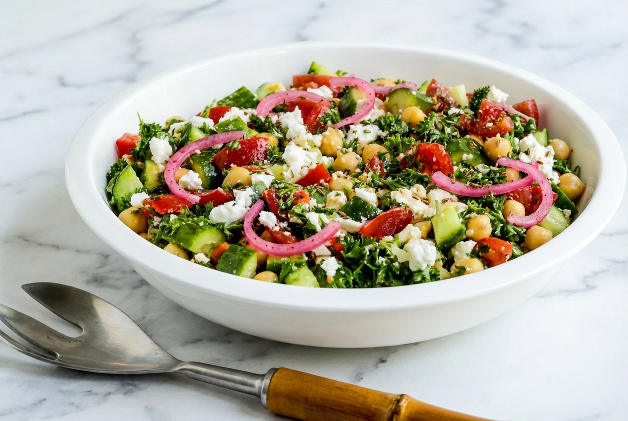 Chickpea Salad with Cucumbers and Tomatoes featuring sumac-pickled red onions and toasted cumin on white marble.