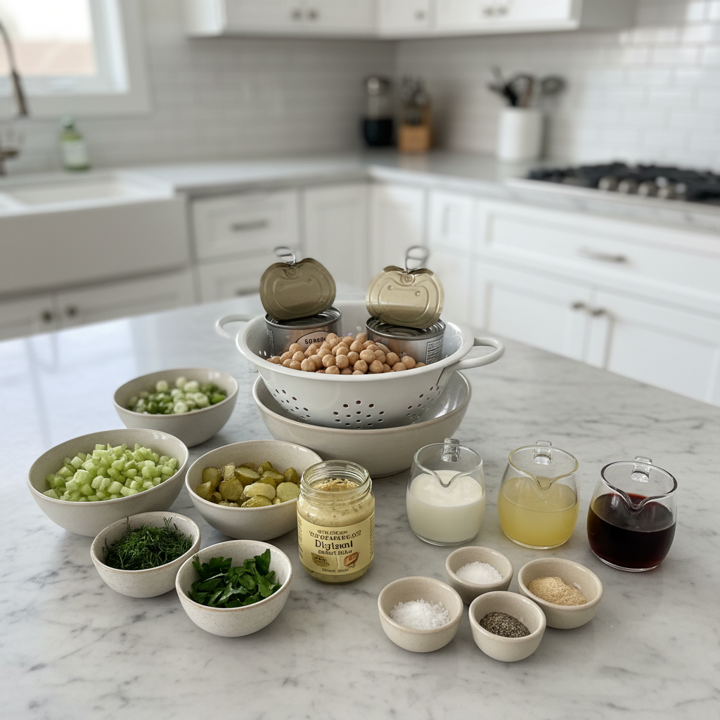 Fresh ingredients for chickpea salad, including canned chickpeas, celery, red onion, dill, and vegan mayonnaise, laid out.