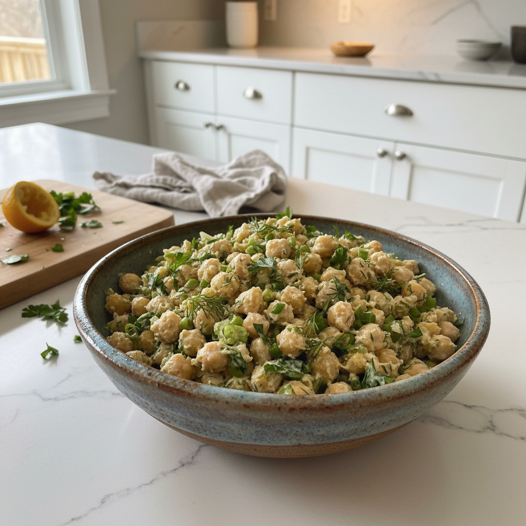 A vibrant bowl of creamy chickpea salad, garnished with fresh dill and red pepper flakes, ready to be served.