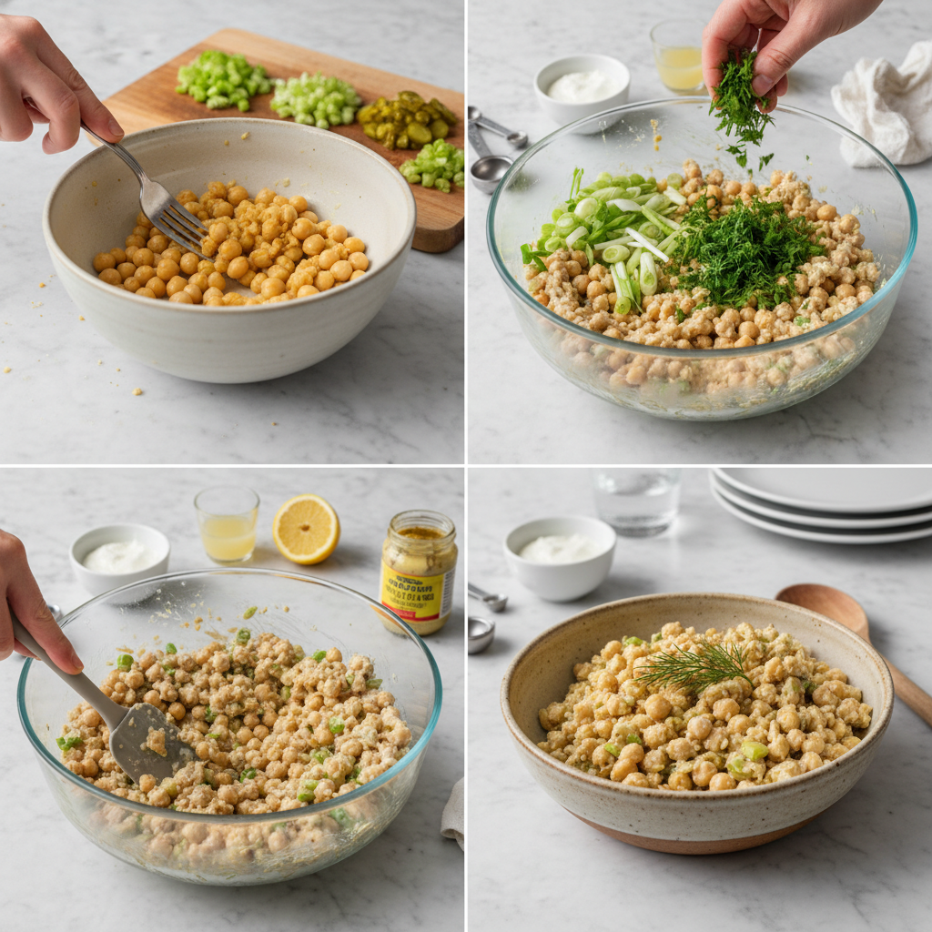 Mashing chickpeas with a fork in a mixing bowl, a key step in preparing a creamy chickpea salad base.
