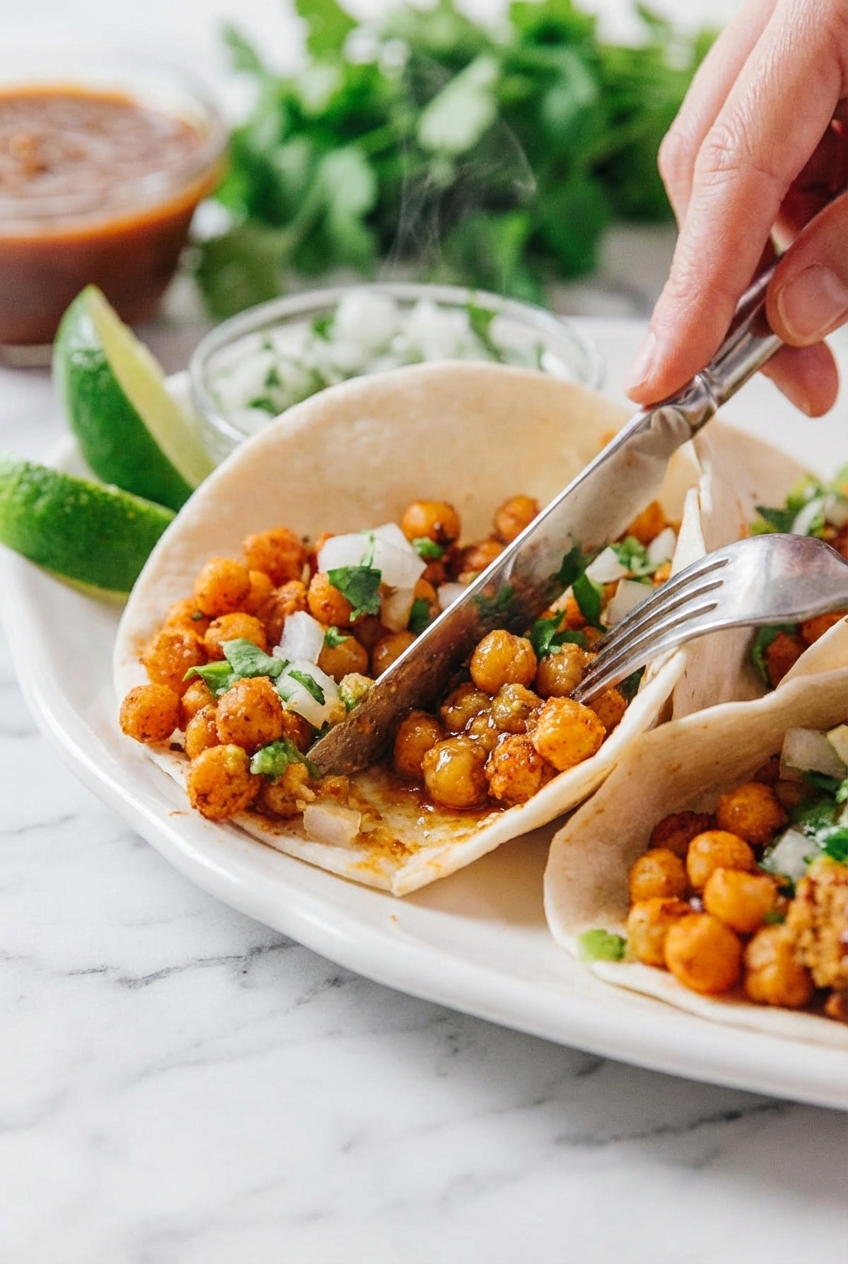Close-up of crispy garbanzo beans in a cast iron skillet highlighting the texture of Chickpea Tacos under natural light.