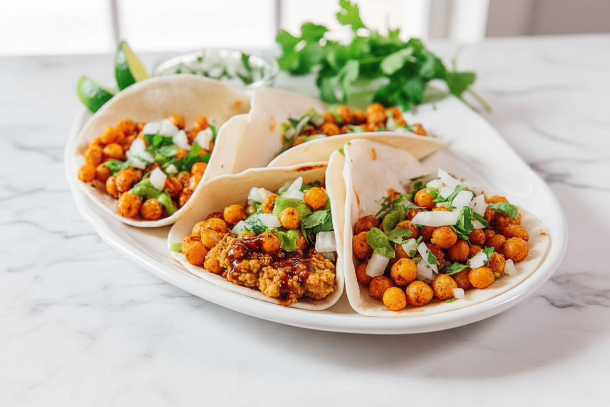Chickpea Tacos showcasing the Smash & Soy umami technique on a white marble surface with soft natural lighting.
