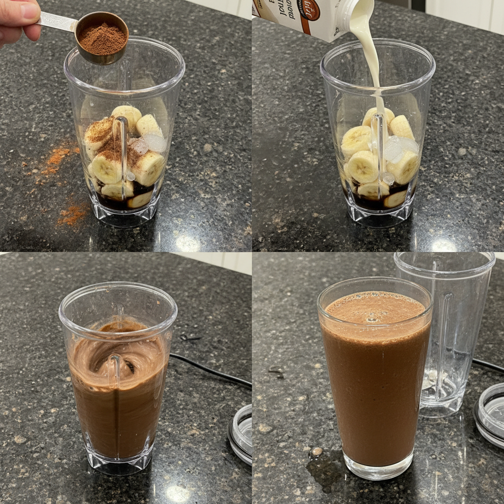 A high-speed blender actively mixing milk, banana, cocoa, and protein powder into a smooth chocolate protein shake.