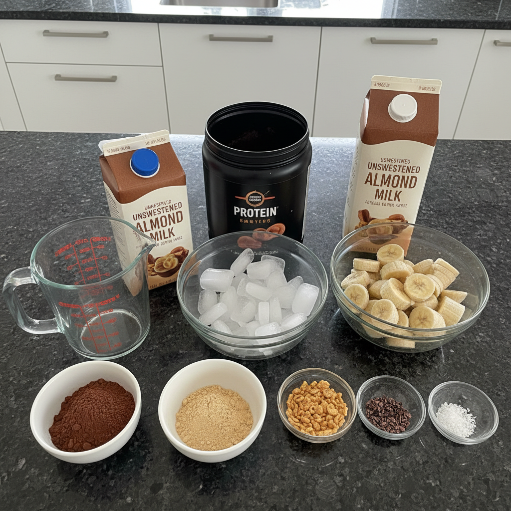Fresh bananas, cocoa powder, milk, and chocolate protein powder neatly arranged for a chocolate protein shake.
