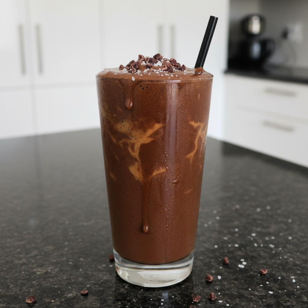 A creamy, dark chocolate protein shake in a tall glass, garnished with cacao nibs. This is the ultimate chocolate protein shake.