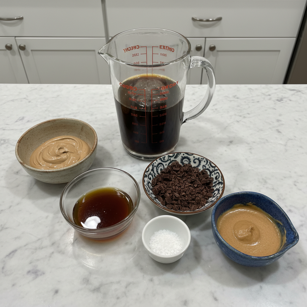 Fresh ingredients laid out for a coffee smoothie recipe, including brewed coffee, ripe bananas, milk, and ice.