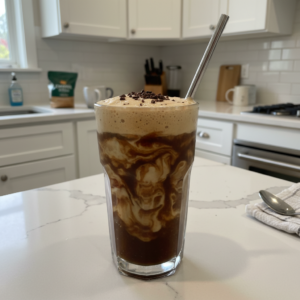 A tall glass of a creamy coffee smoothie topped with a swirl of whipped cream and a sprinkle of cocoa powder. This coffee smoothie is perfect for breakfast.