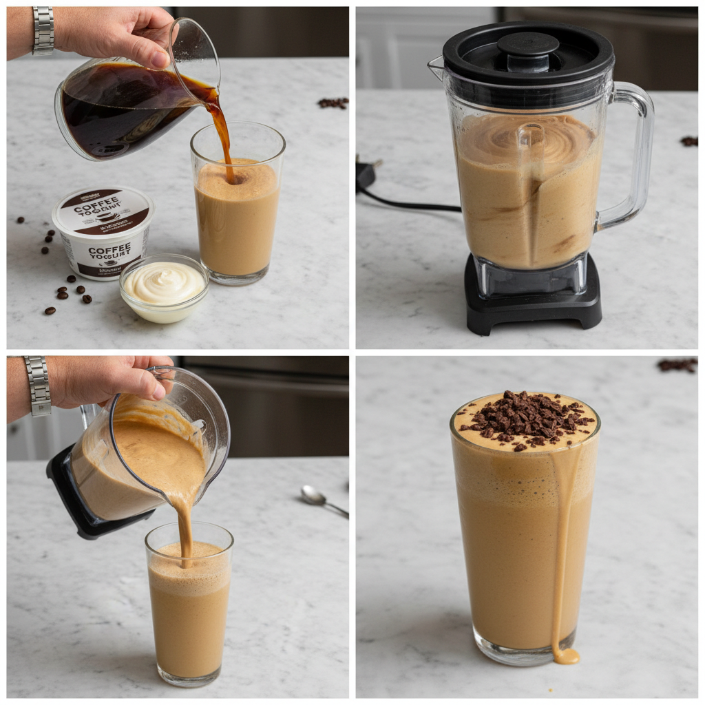A hand pouring brewed coffee into a blender with bananas and ice, preparing a delicious coffee smoothie.