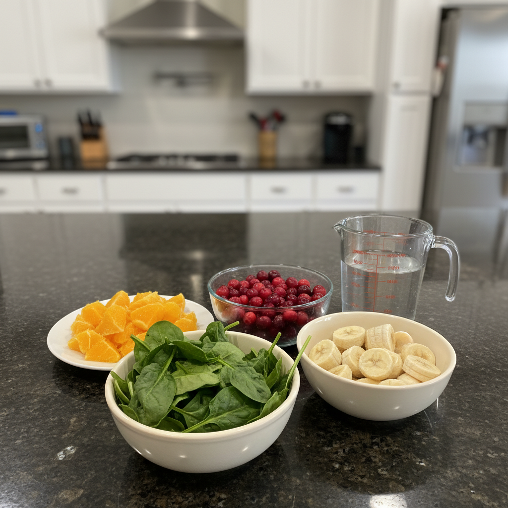 Fresh ingredients for a cranberry spinach smoothie, including spinach, cranberries, banana, and yogurt, laid out.