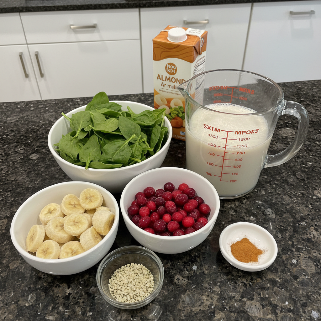 Fresh ingredients like spinach leaves, bright cranberries, a ripe banana, and almond milk laid out for a Cranberry Spinach Smoothie.