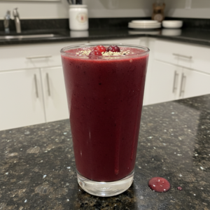 A vibrant, ruby-red Cranberry Spinach Smoothie in a clear glass, garnished with fresh cranberries and a mint sprig.