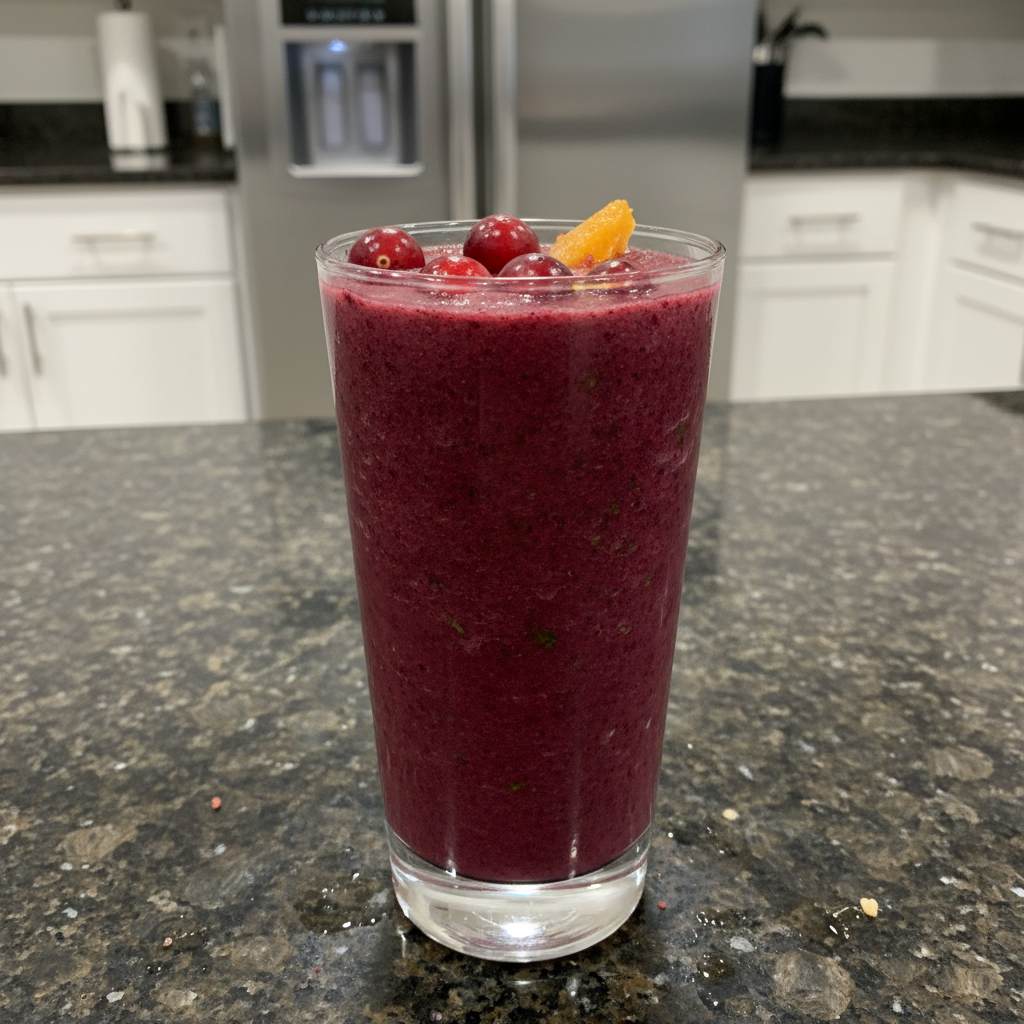 A vibrant red cranberry spinach smoothie in a tall glass, garnished with fresh cranberries and a mint leaf.