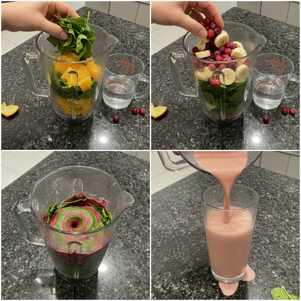 Adding fresh spinach and cranberries into a blender to prepare a healthy cranberry spinach smoothie.