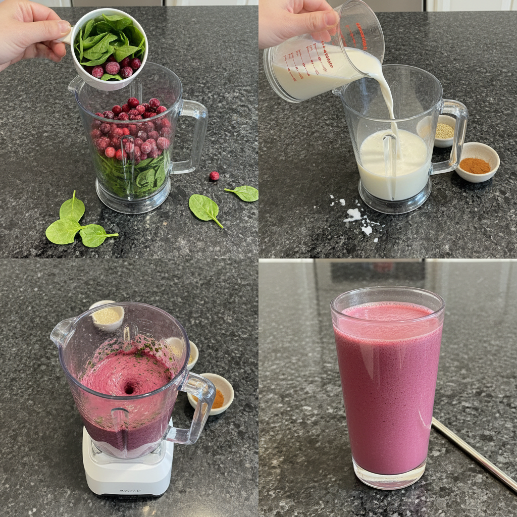A high-speed blender actively mixing the vibrant green and red ingredients into a smooth Cranberry Spinach Smoothie.