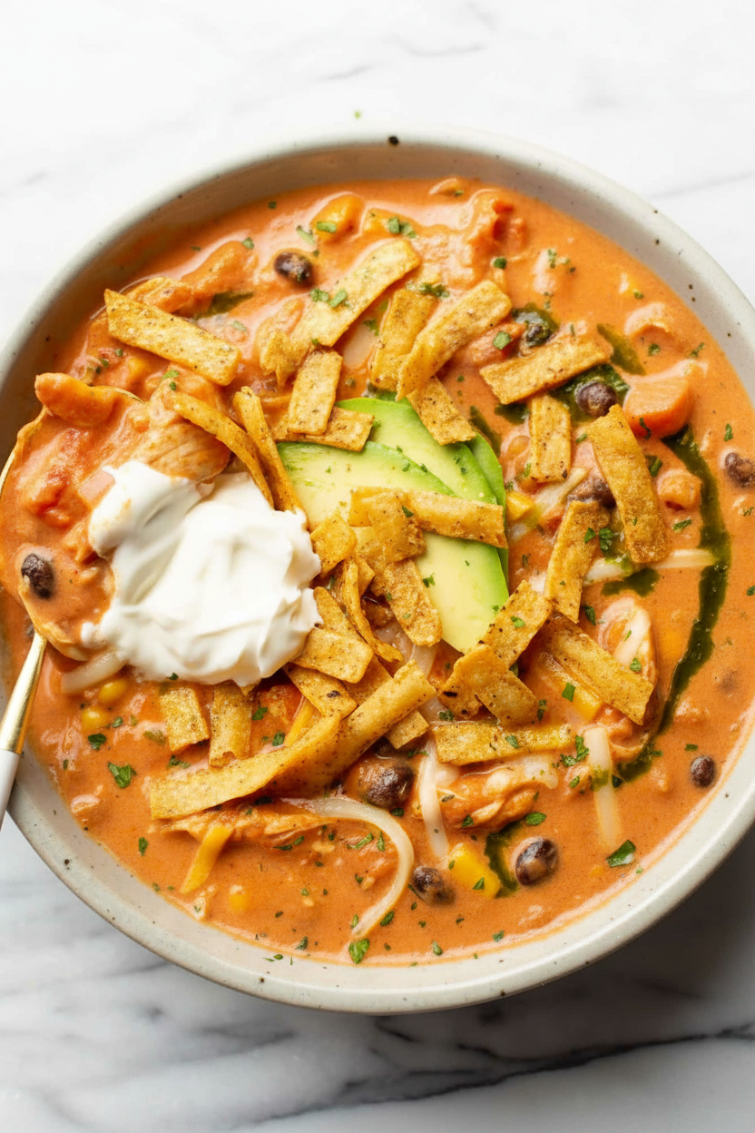 Creamy chicken tortilla soup with fire-roasted charred corn and poblano infusion in a minimalist ceramic bowl on white marble.